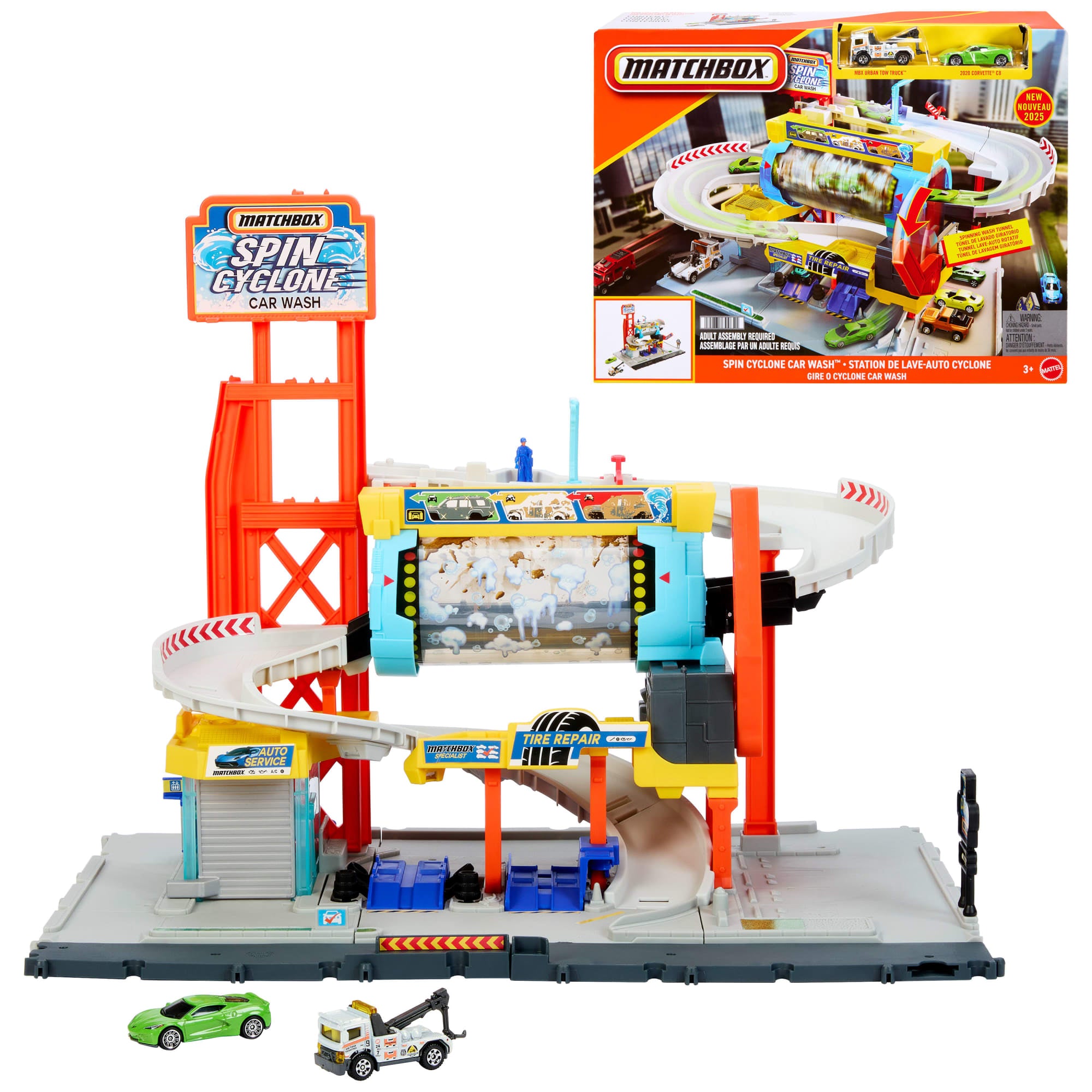 Matchbox Spin Cyclone Car Wash Playset With 1:64 Scale Die-Cast Toy Corvette & Tow Truck