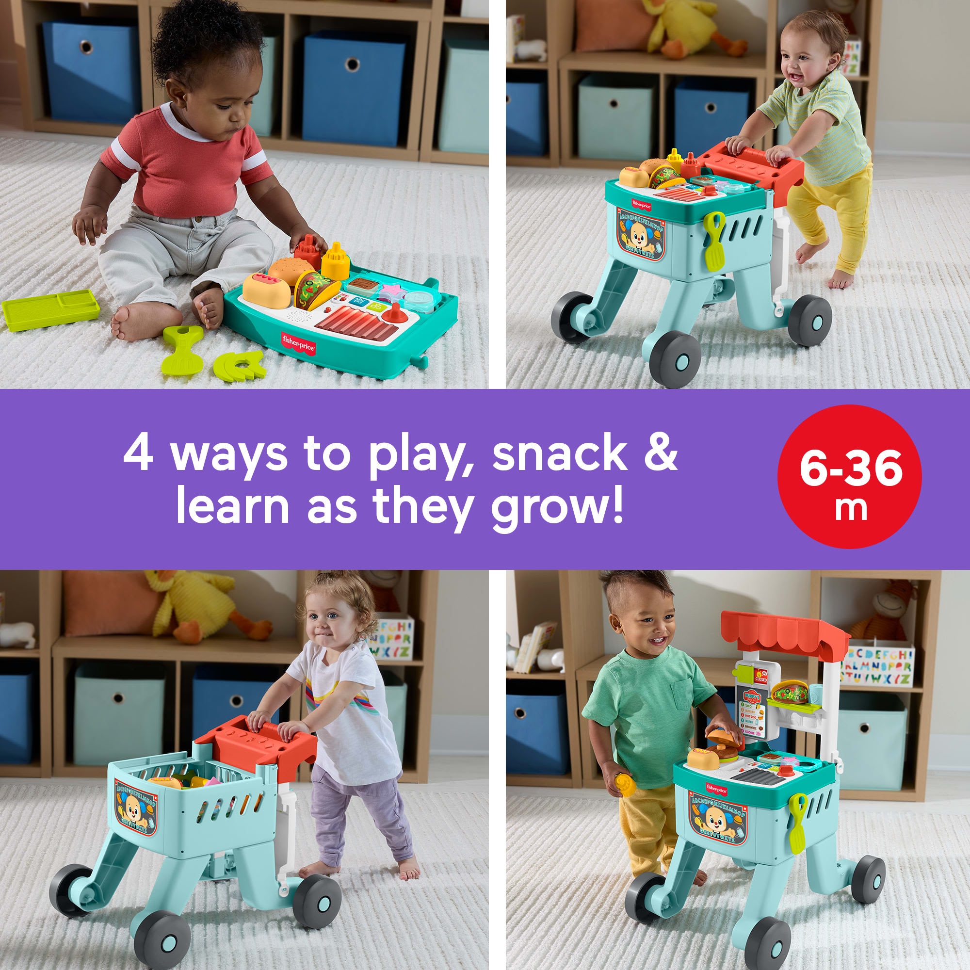 Fisher-Price Laugh & Learn 4-In-1 Snack Cart Push Walker Baby & Toddler Learning Toy. 14 Play Pieces. Multilanguage Version - Image 2