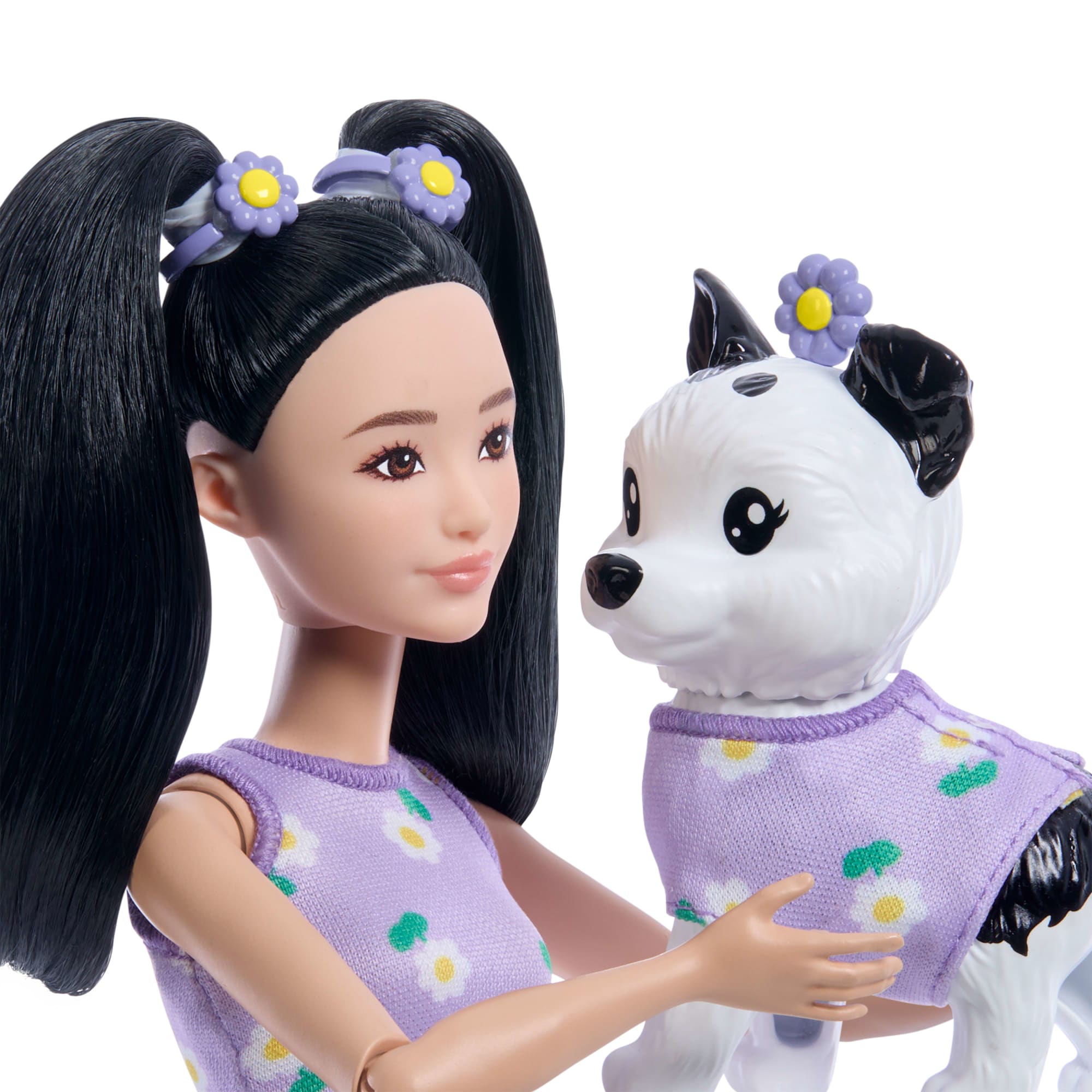 Barbie Twinning Looks Fashion Doll With Pet Dog. Matching Purple Clothes & Accessories. Black Hair - Image 4