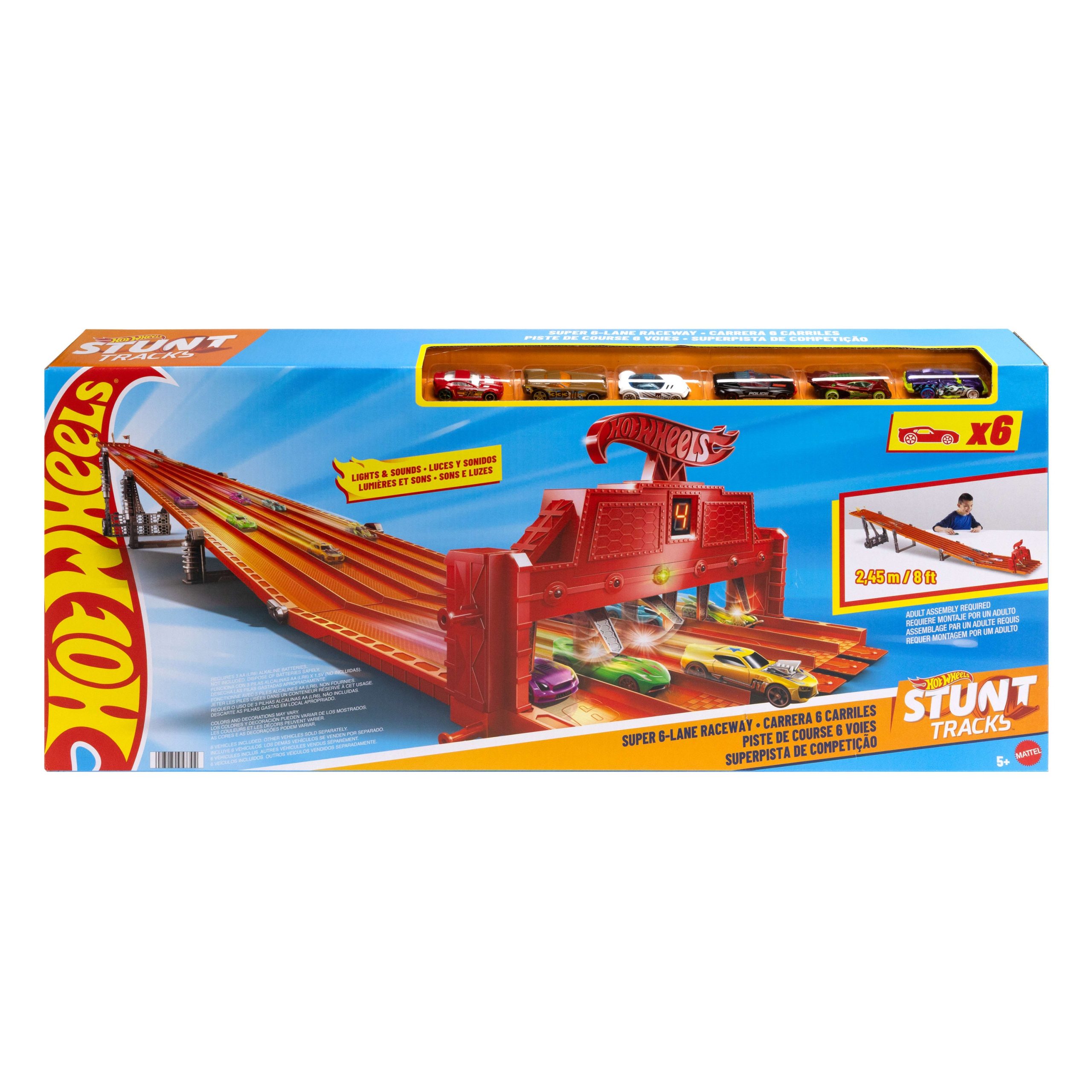 Hot Wheels Super 6-Lane Raceway. 8-Ft Track With 6 Toy Cars in 1:64 Scale - Image 6