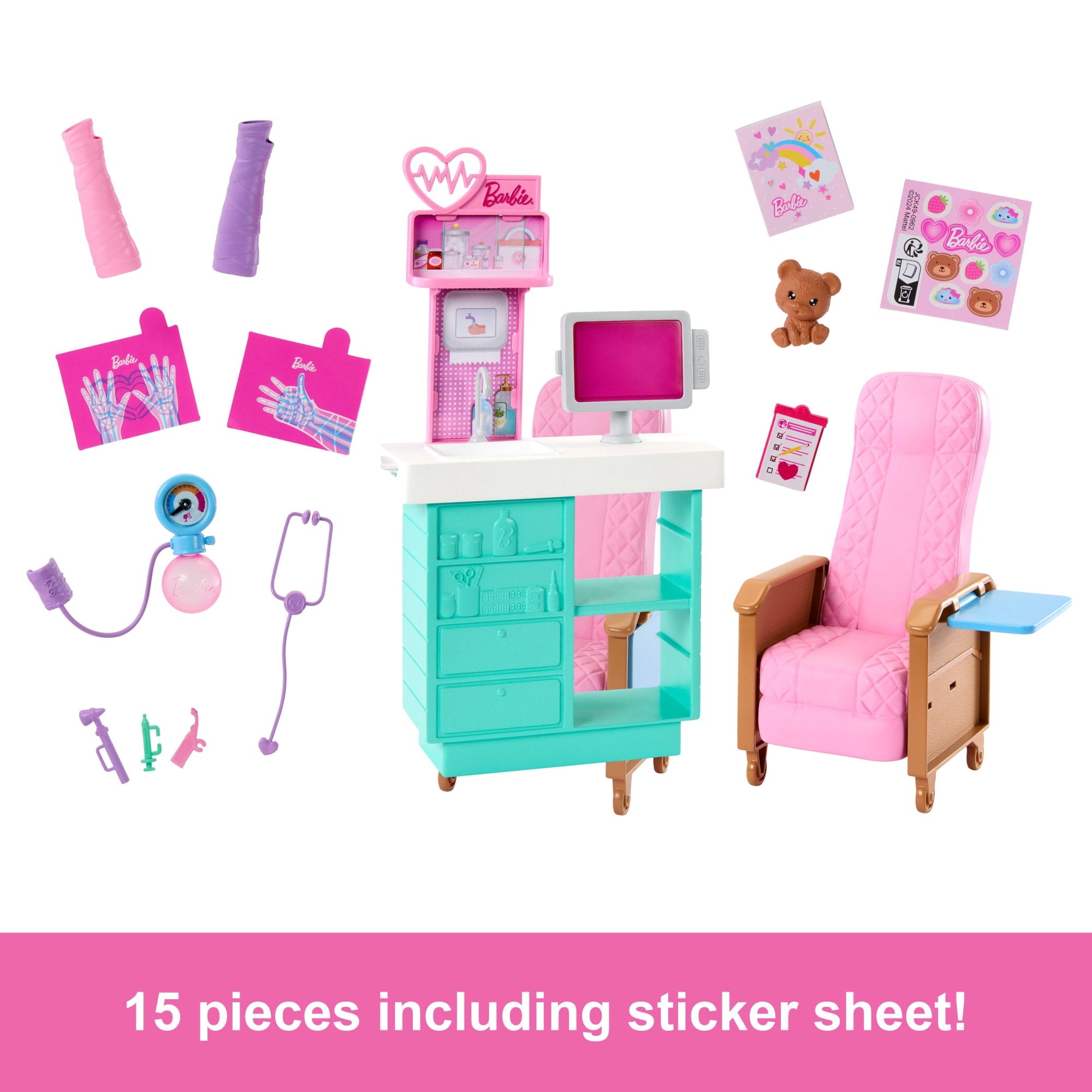 Barbie World Day At The Doctor Toy Playset With Medical Station. Chair & 12 Accessories - Image 3