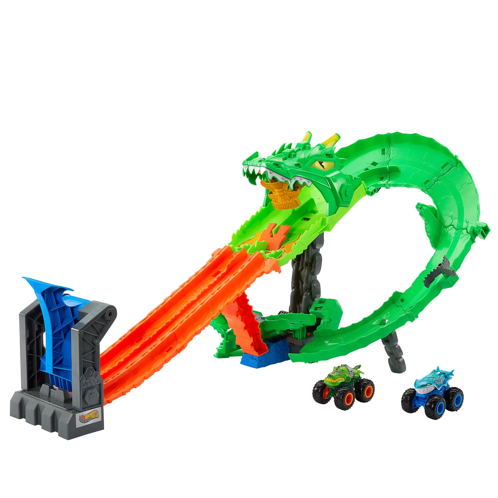 Hot Wheels Monster Trucks Pista de Juguete Tiburones vs. Dinosaurios Destrucción del Dragón