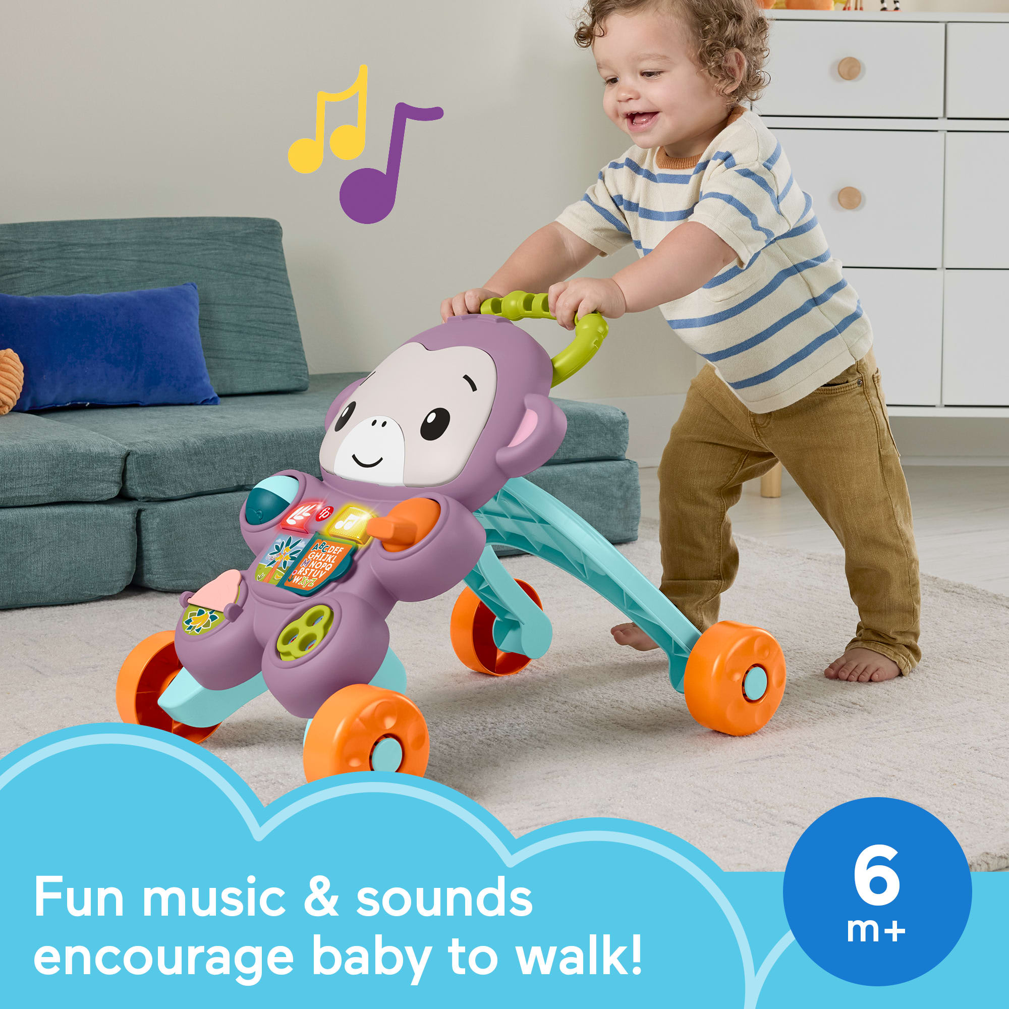 Fisher-Price Learn With Me Purple Monkey Push Walker. Baby Musical Learning Activity Toy - Image 2