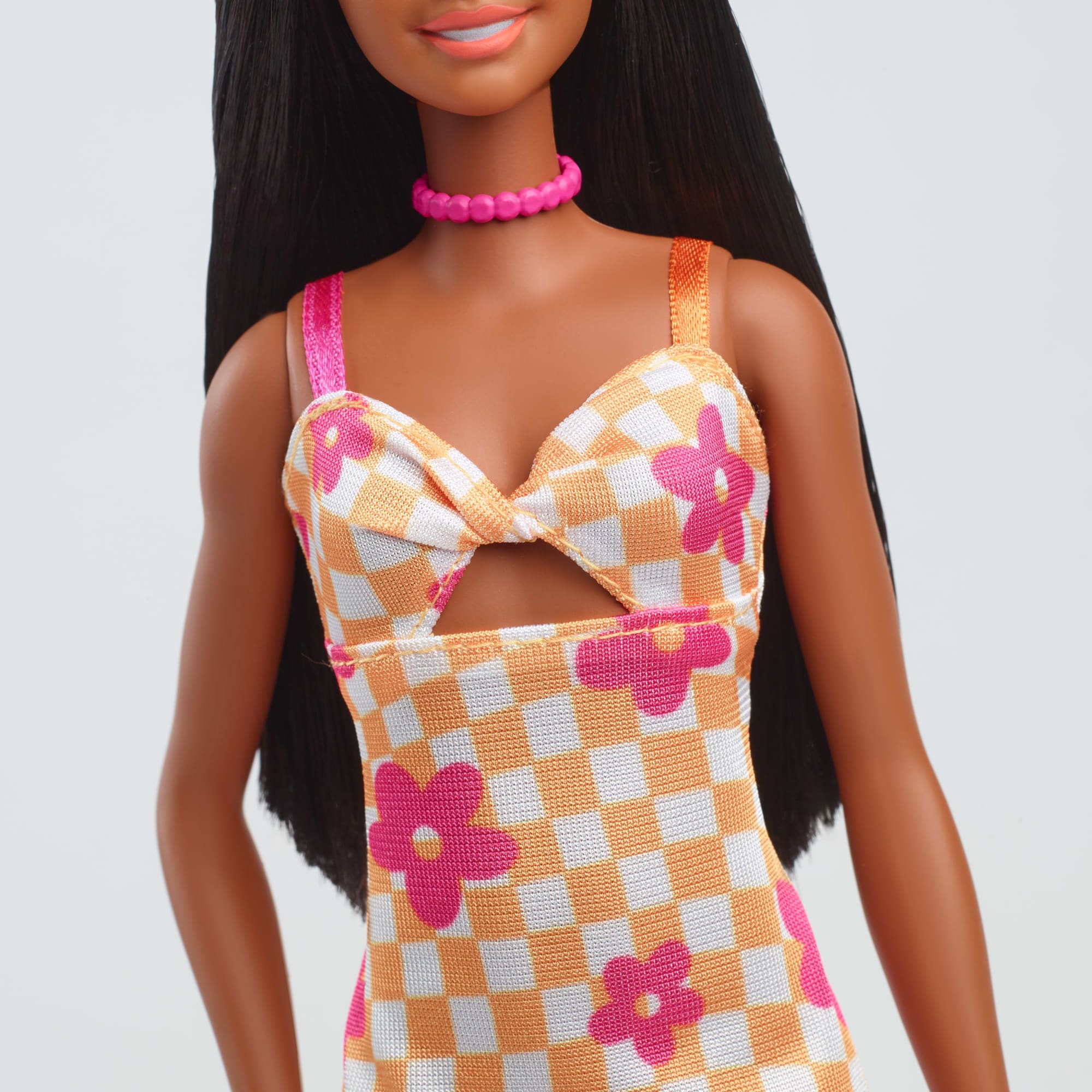 Barbie Fashionistas Doll #233 in Checkered Flower Midi Dress. Black Hair - Image 4