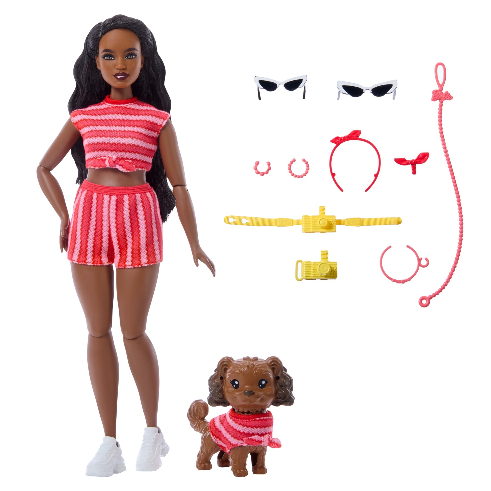 Barbie Twinning Looks Fashion Doll With Pet Dog. Matching Red Clothes & Accessories. Black Hair - Image 6