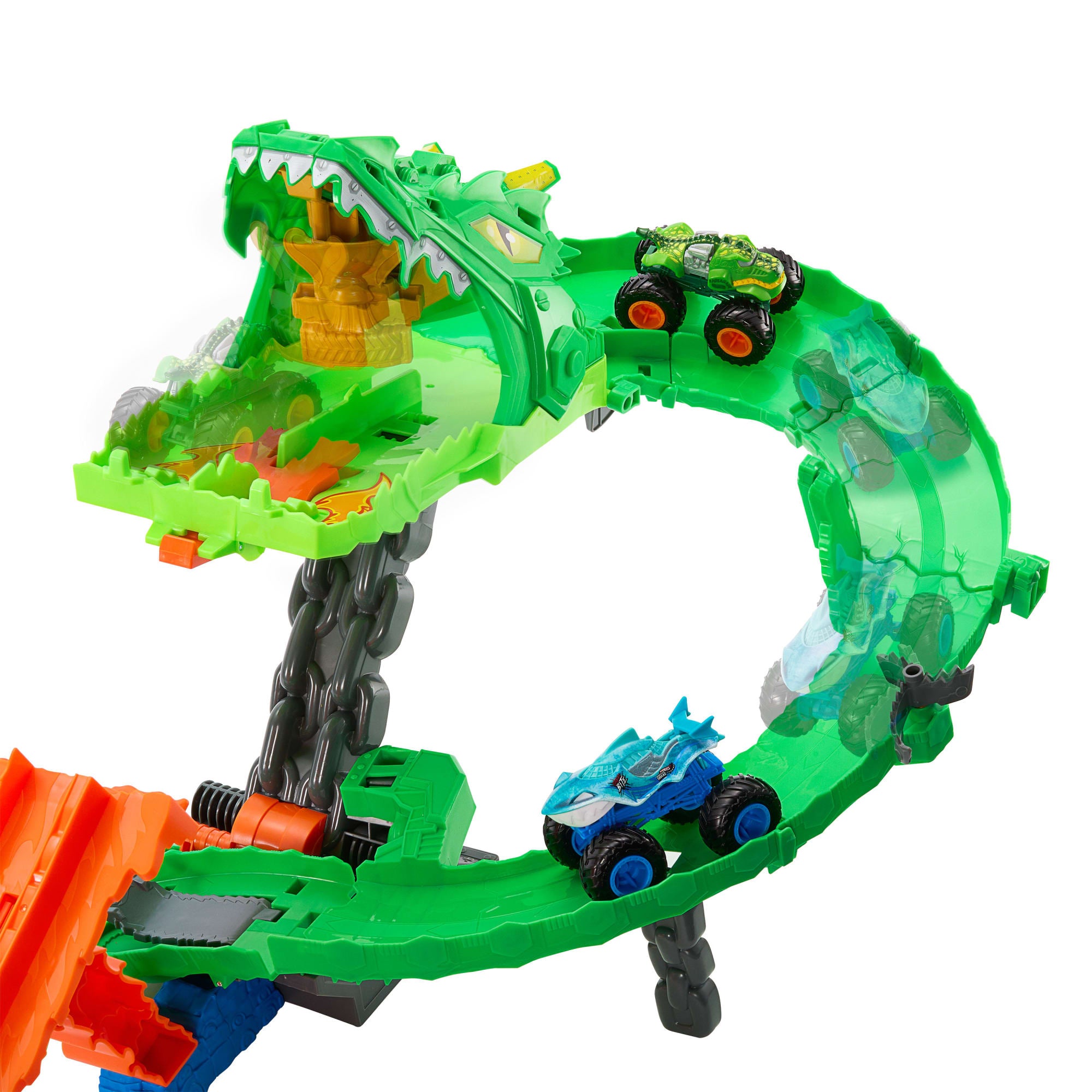 Hot Wheels Monster Trucks Pista de Brinquedo Tubarões vs. Dinossauros: Destruição do Dragão - Image 3