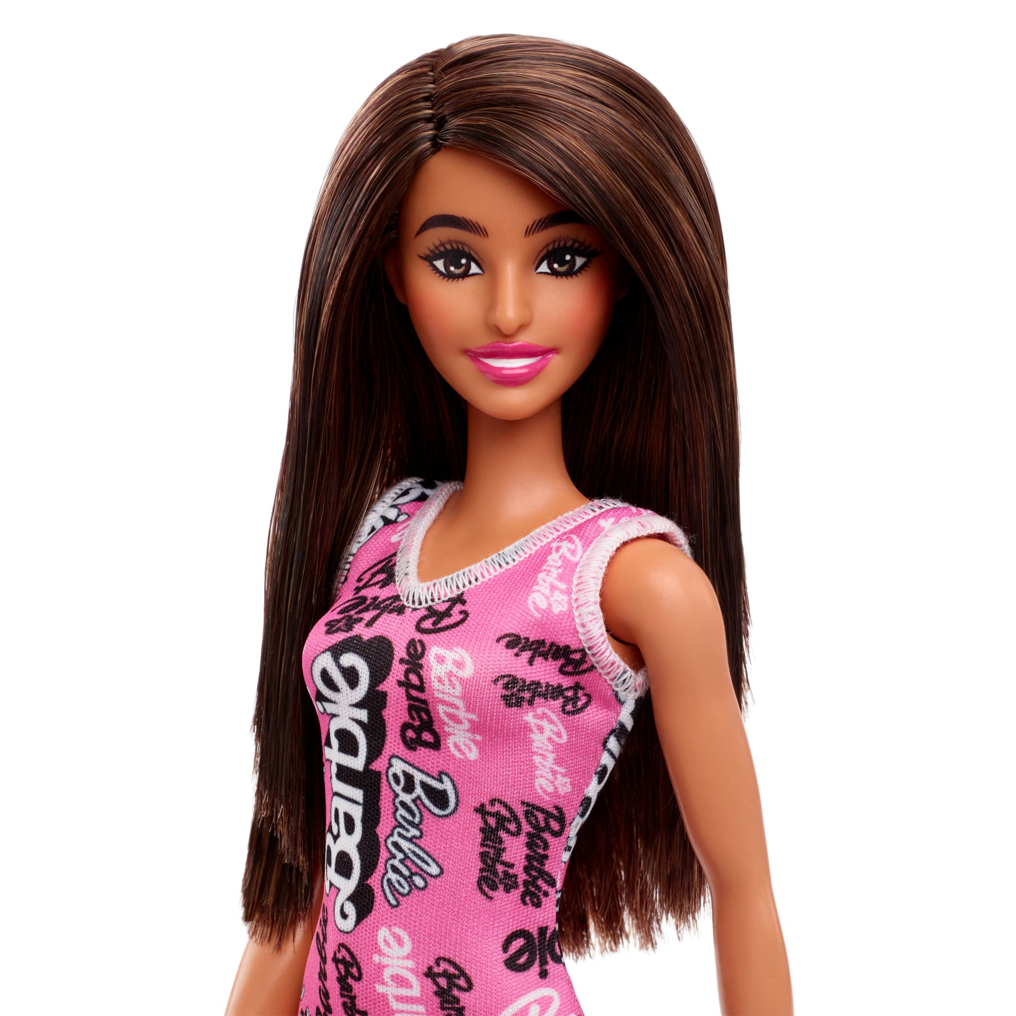Barbie Poupée Mode Cheveux Bruns Lissés. Robe Rose à Logos. Chaussures - Image 2