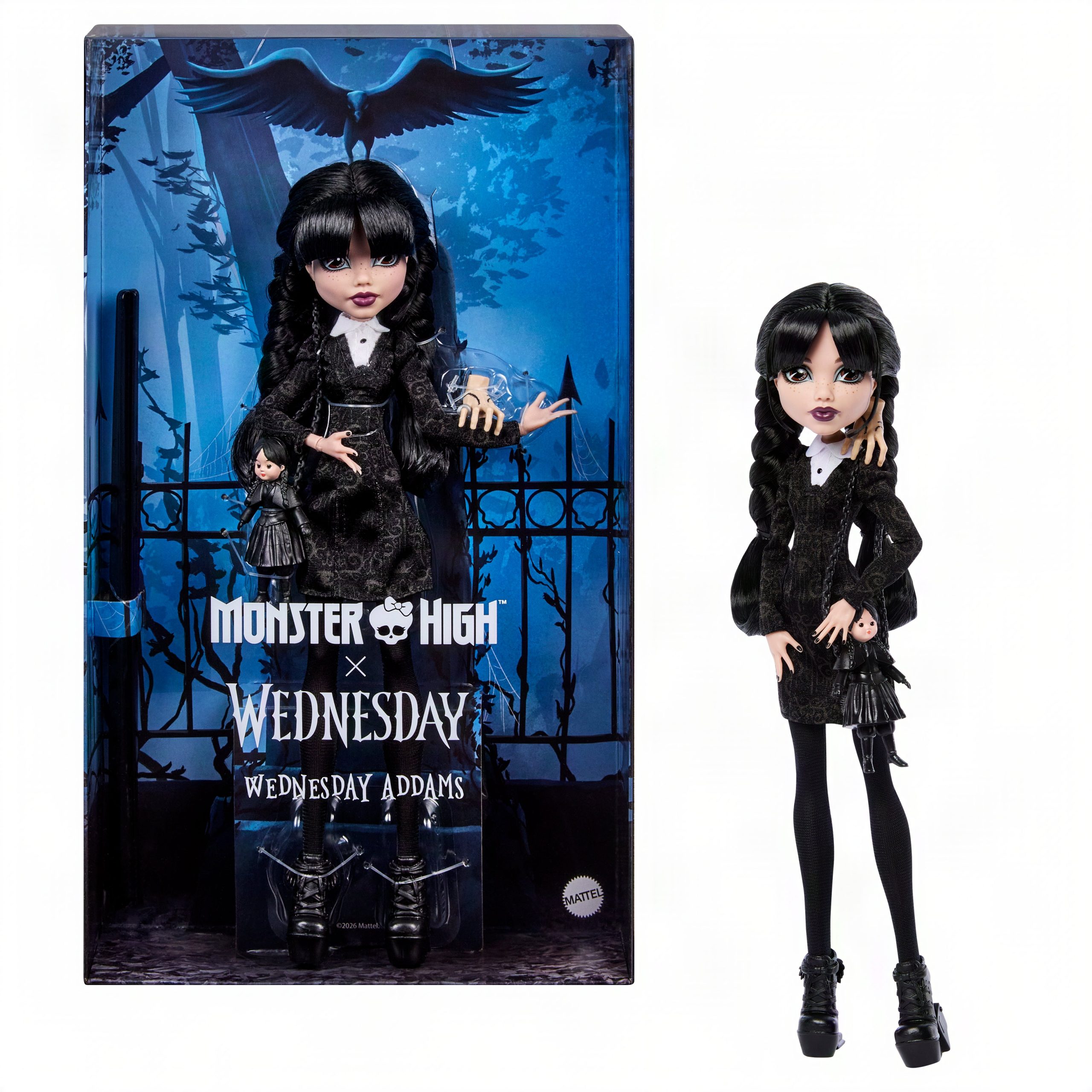 Monster High X Wednesday Collectible Doll. Wednesday Addams in Black Dress With Thing Accessory