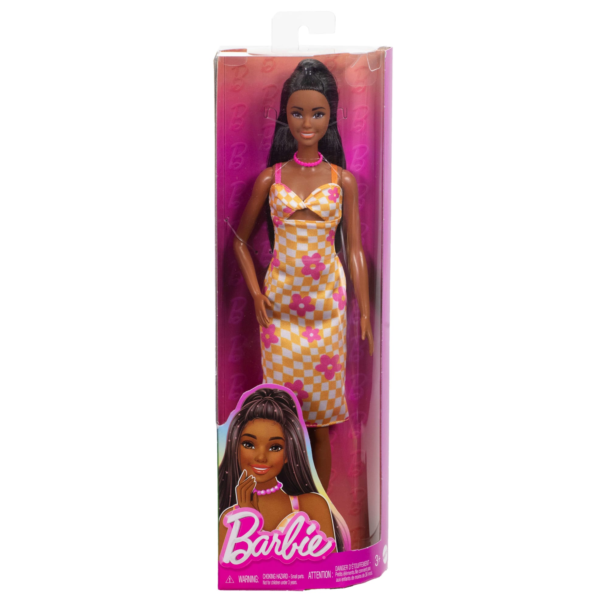 Barbie Fashionistas Doll #233 in Checkered Flower Midi Dress. Black Hair - Image 6