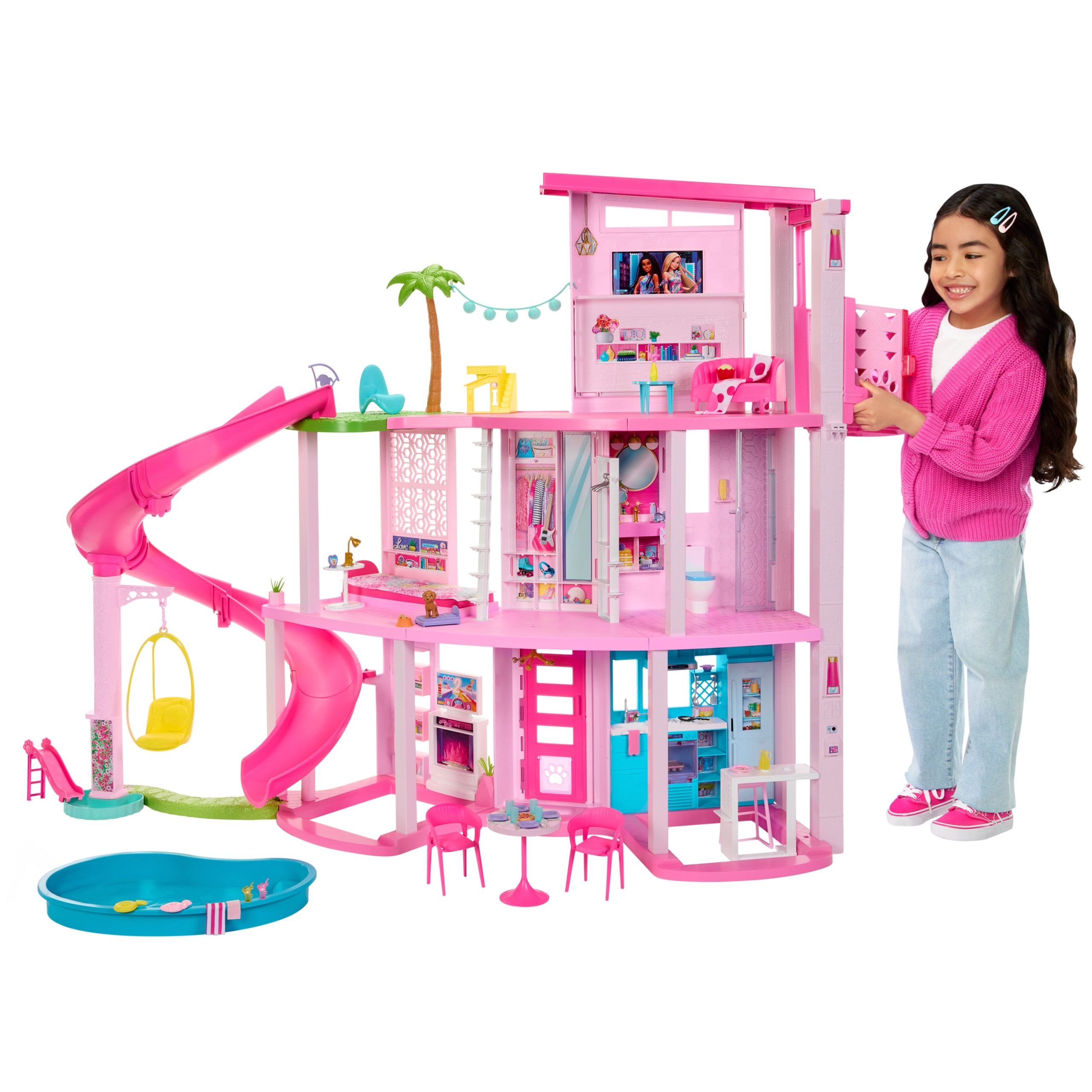 Barbie Dreamhouse. Pool Party Doll House With 75+ Pieces And 3-Story Slide. Barbie House Playset. Pet Elevator And Puppy Play Areas