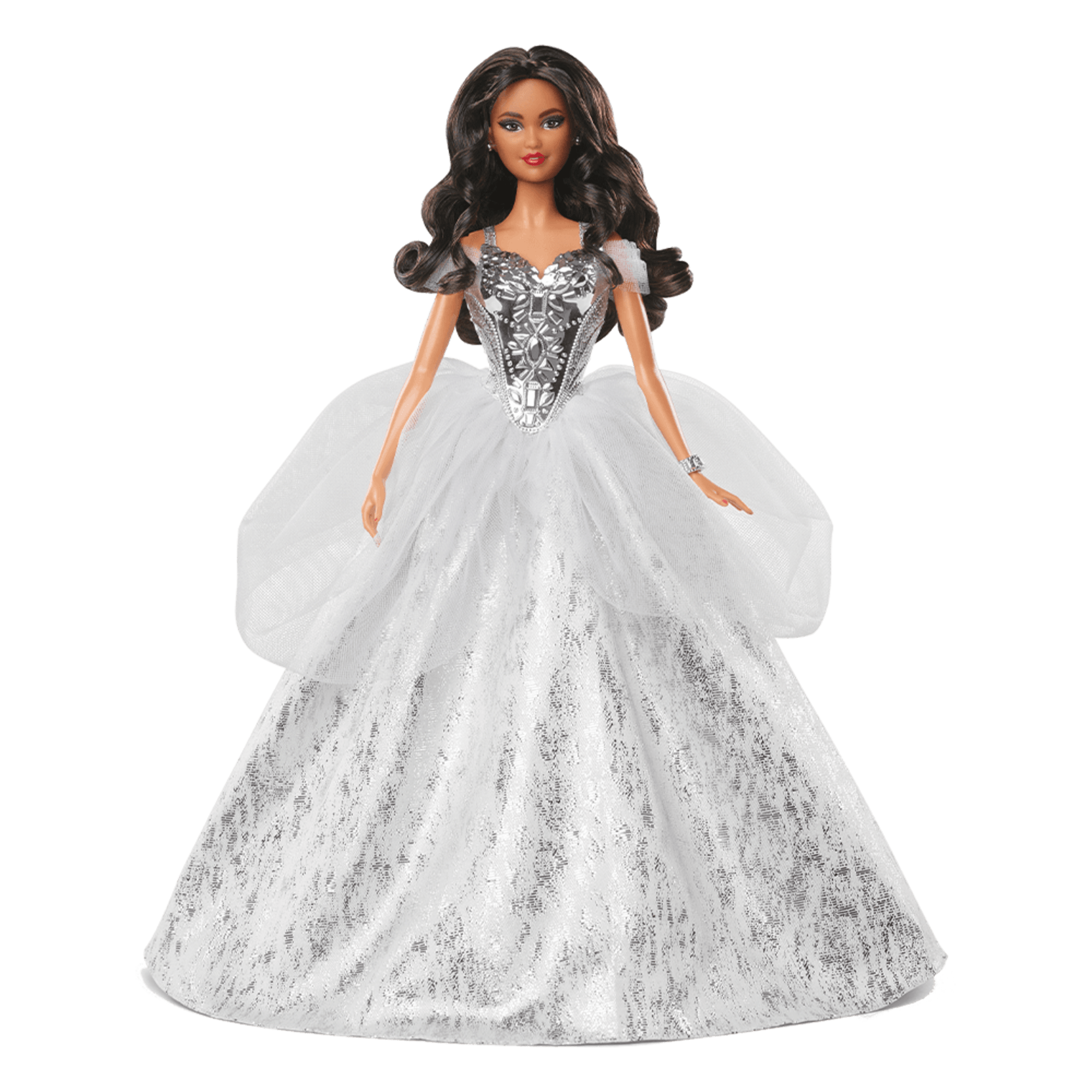 2021 Holiday Barbie Doll. Brunette Curly Hair