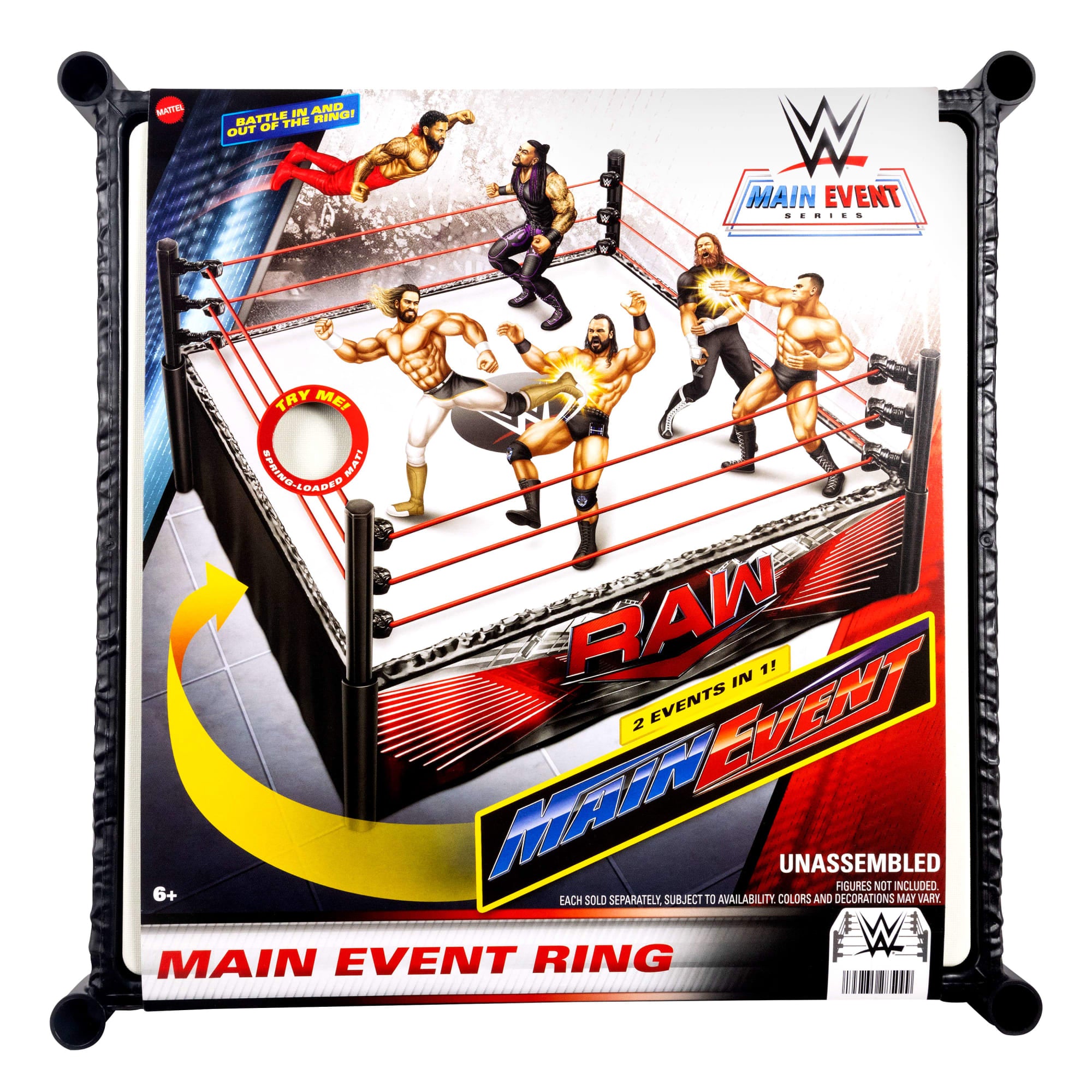 WWE Superstar Ring With Labels For Main Event & Raw. Spring-Loaded With Elastic Ring Ropes - Image 4
