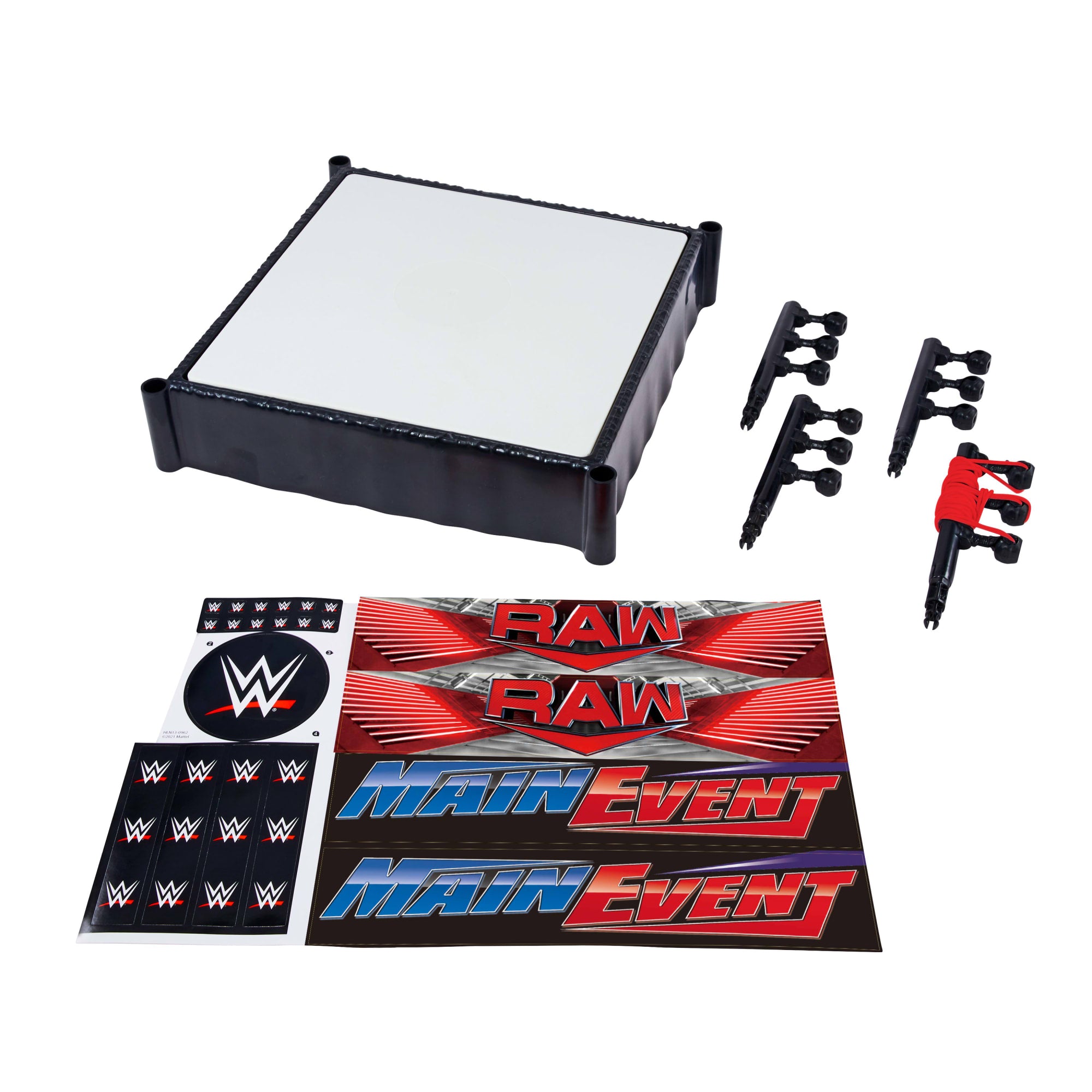 WWE Superstar Ring With Labels For Main EVent & Raw. Spring-Loaded With Elastic Ring Ropes