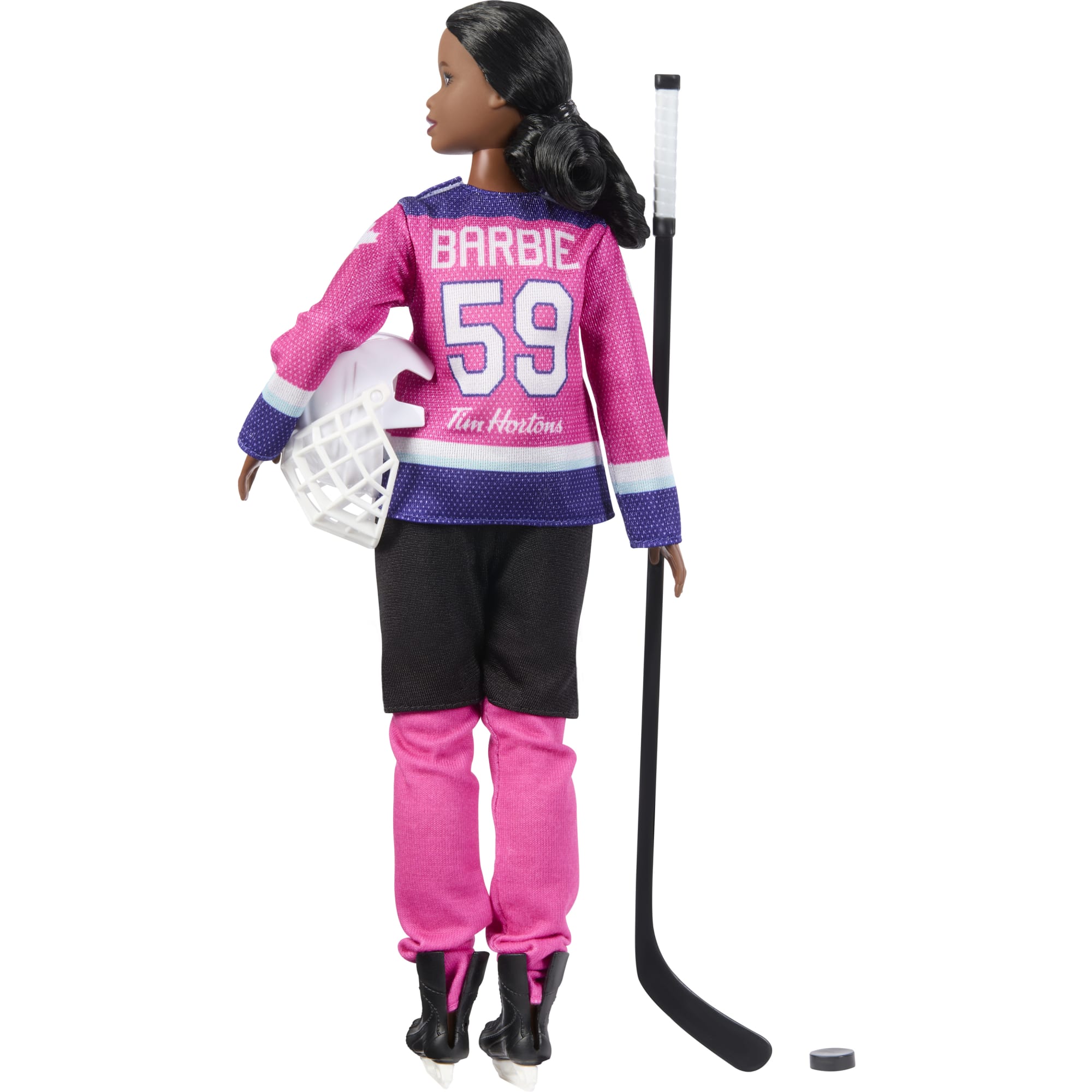 Barbie Tim Hortons PWHL Fashion Doll in Pink. Purple. & Teal Hockey Jersey. includes Hockey Accessories - Image 5
