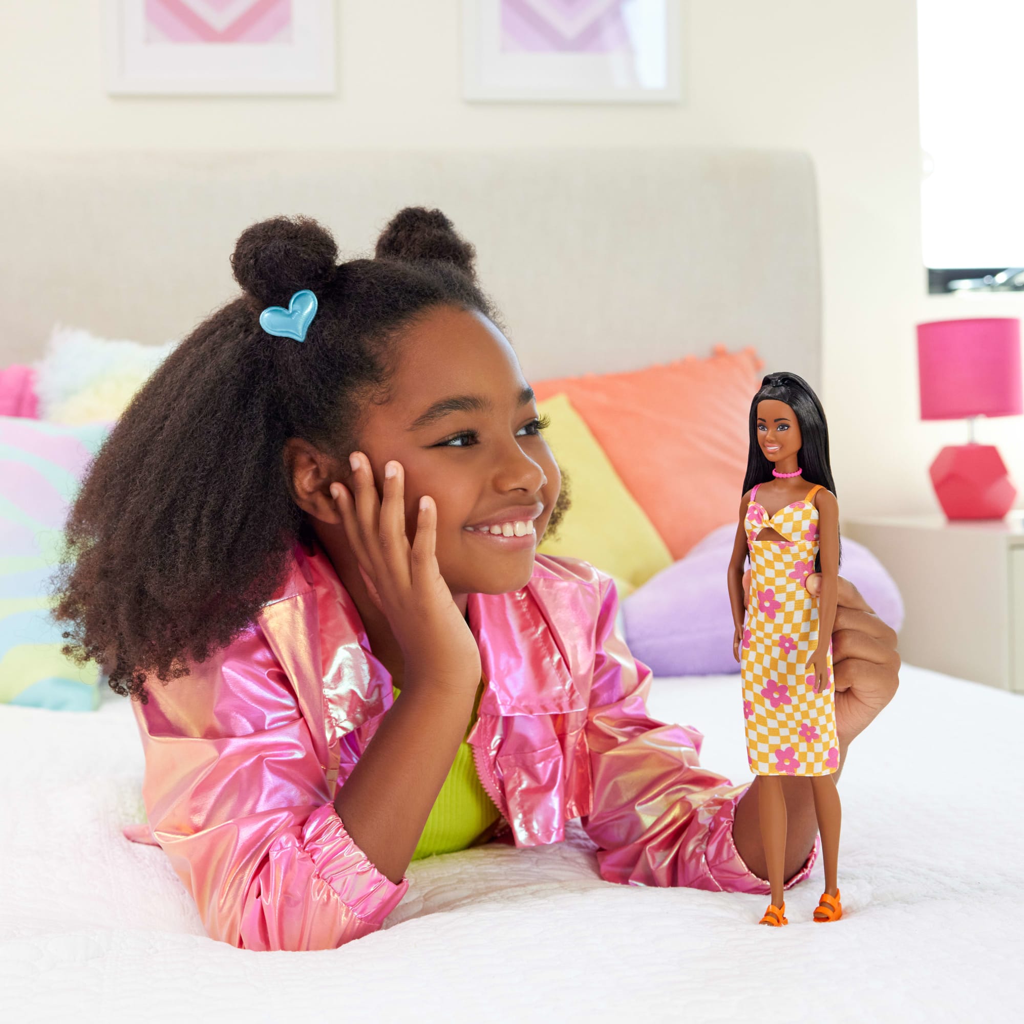 Barbie Fashionistas Doll #233 in Checkered Flower Midi Dress. Black Hair - Image 2